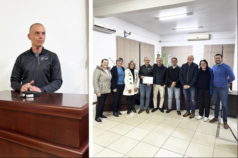 Chico na tribuna e com os vereadores (Fotos: Divulgação / Câmara)